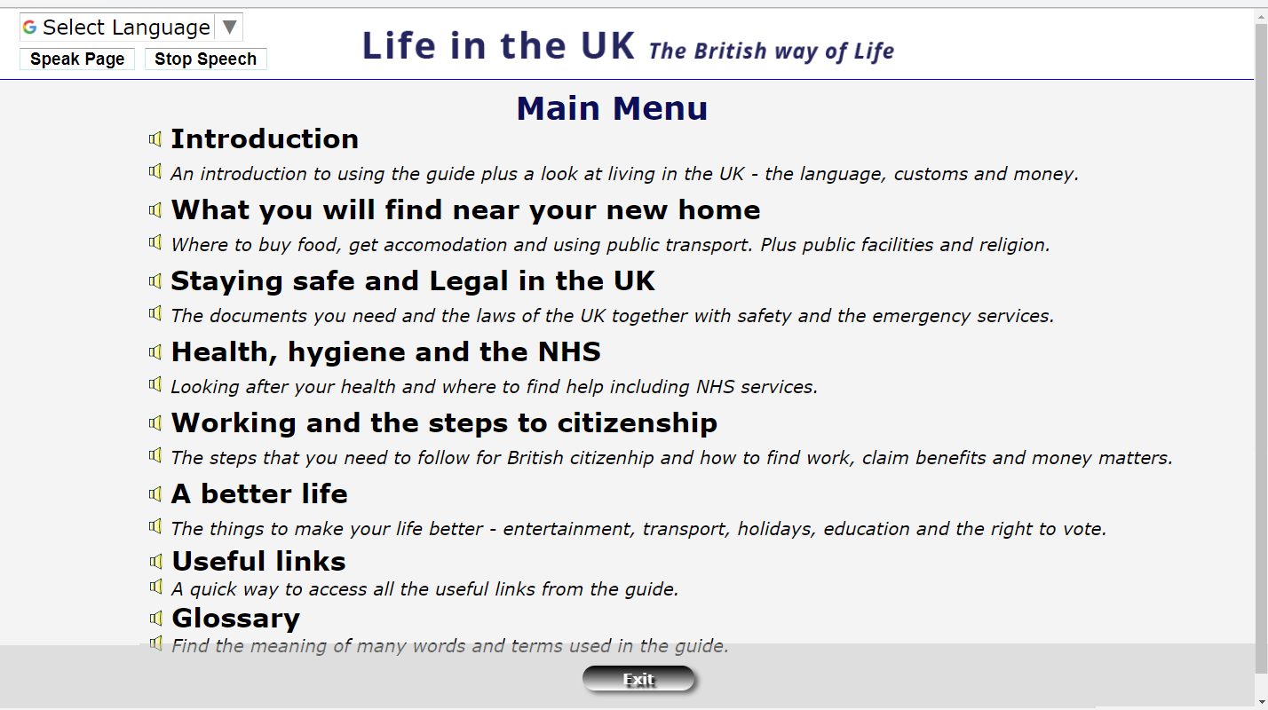Life in the UK - main menu